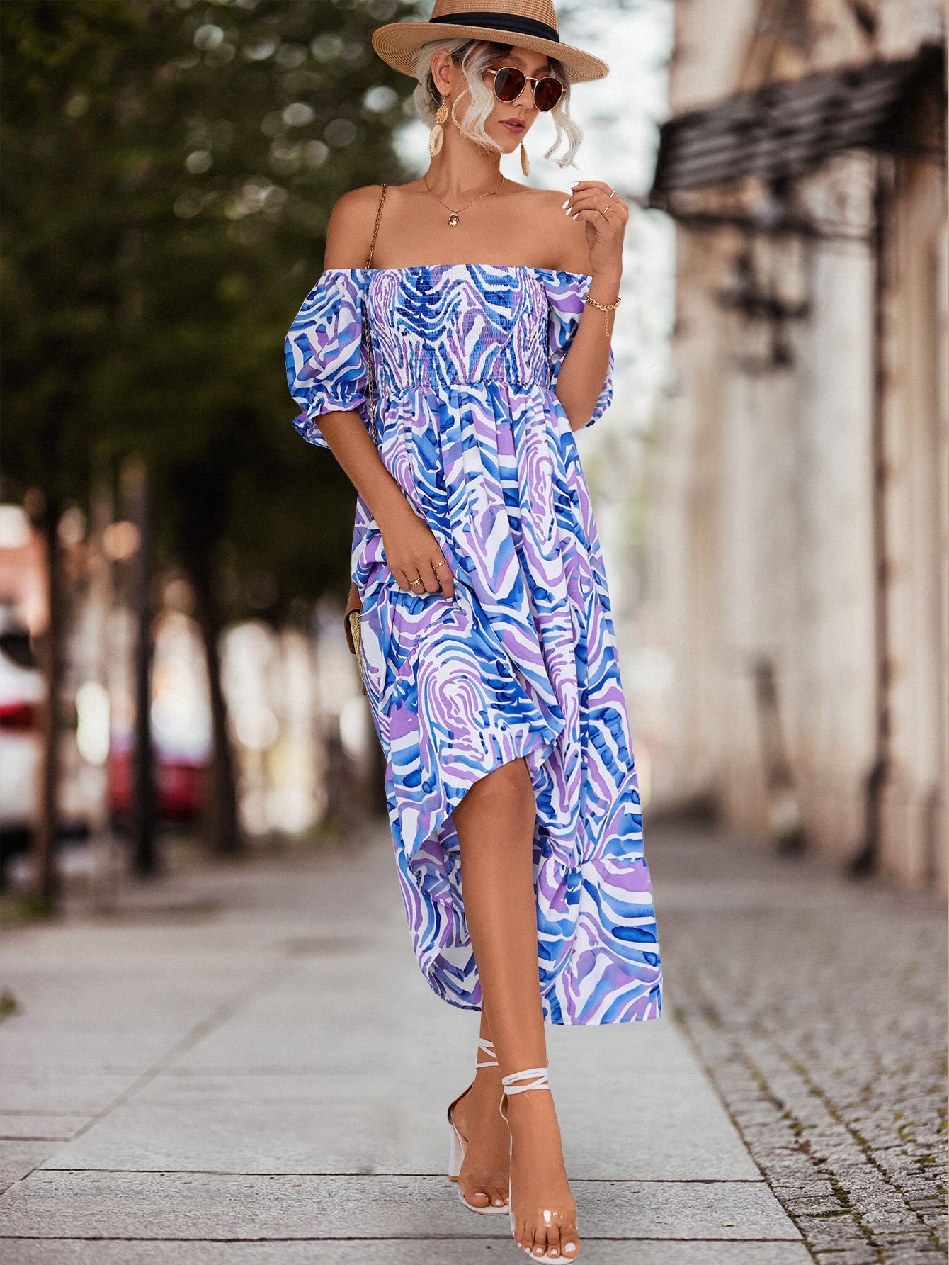 Damen Off-Shoulder Maxikleid mit floralen Akzenten und elastischer Taillierung