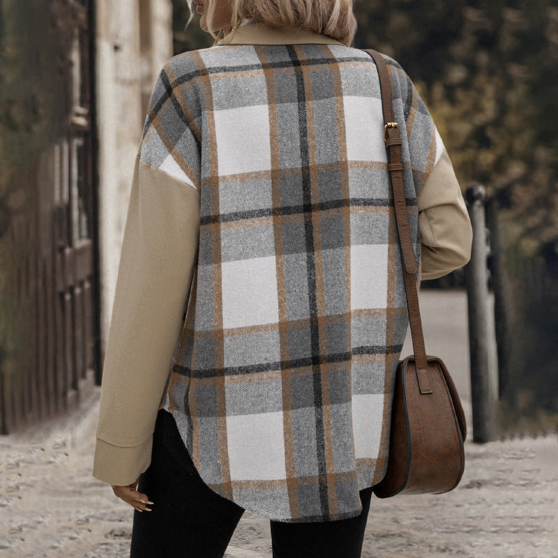 Damen Oversized Hemdjacke mit kariertem Frontpanel, Druckknopfverschluss und aufgesetzten Brusttaschen Shop Nory