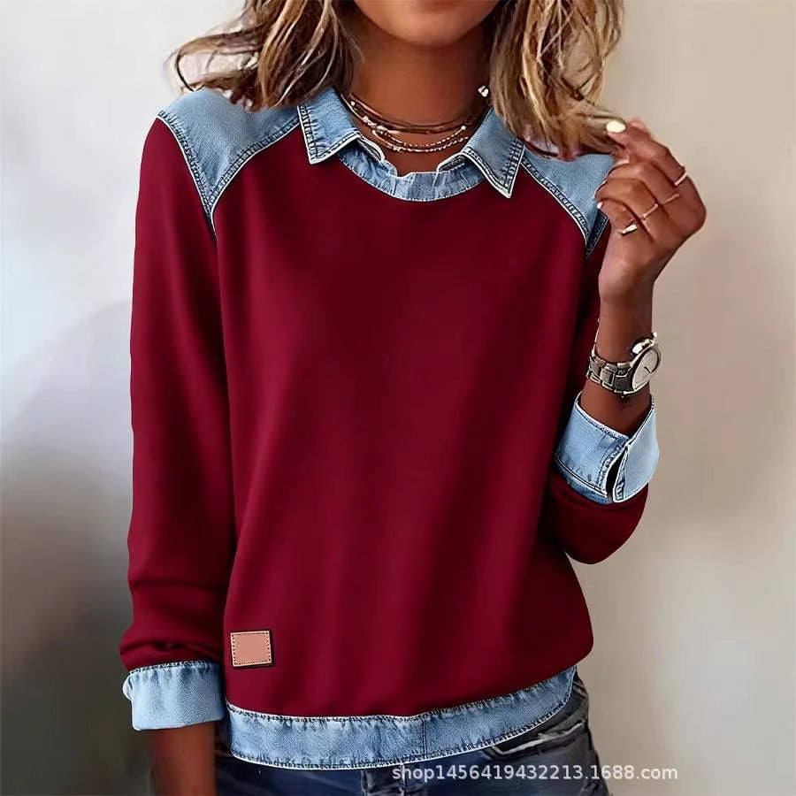 Damen nan gerippter Strickpullover mit Jeanskragen und Knopfleiste Shop Nory