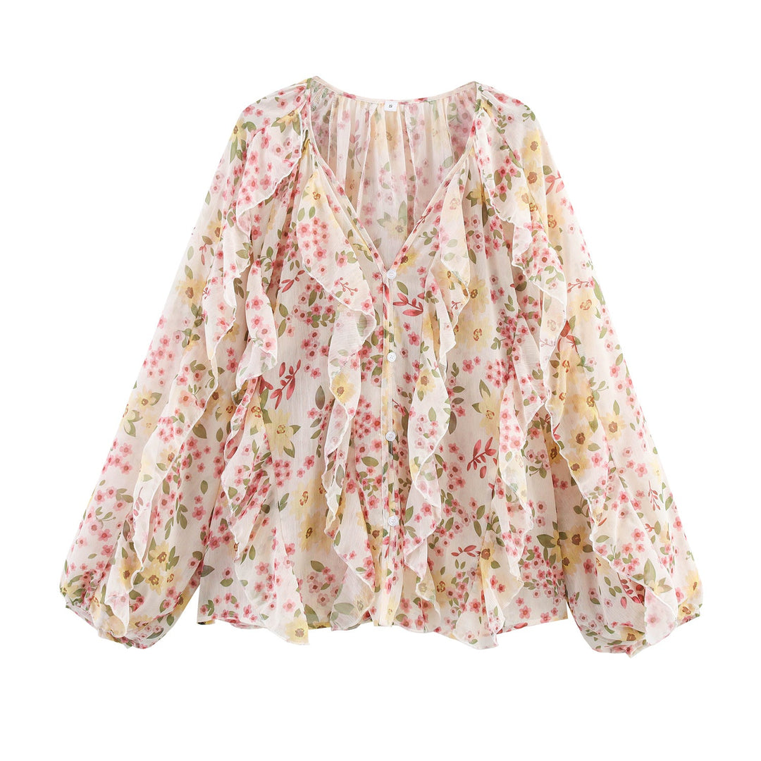 Damen nan feminine Chiffon-Volantbluse mit Ballonärmeln und V-Ausschnitt