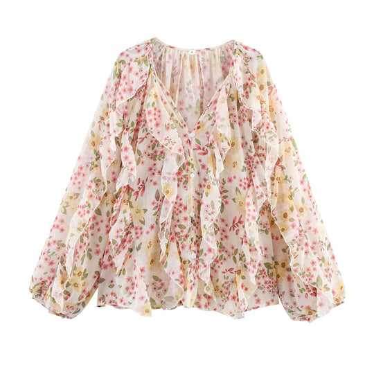 Damen nan feminine Chiffon-Volantbluse mit Ballonärmeln und V-Ausschnitt