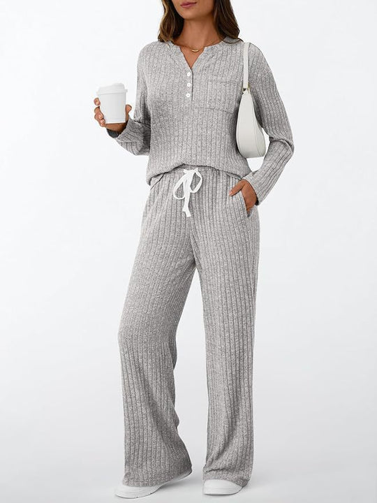Damen Rippstrick-Lounge-Set mit Knopfleiste und weitem Kordelbund-Hose Shop Nory