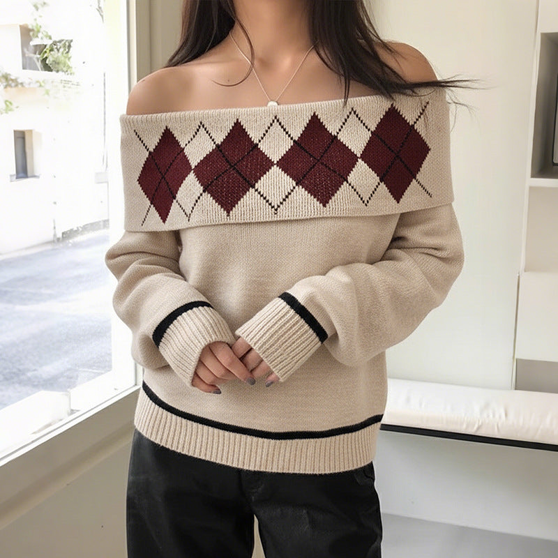 Damen Schulterfreier Strickpullover mit Rautenmuster und umgeschlagenem Kragen Shop Nory
