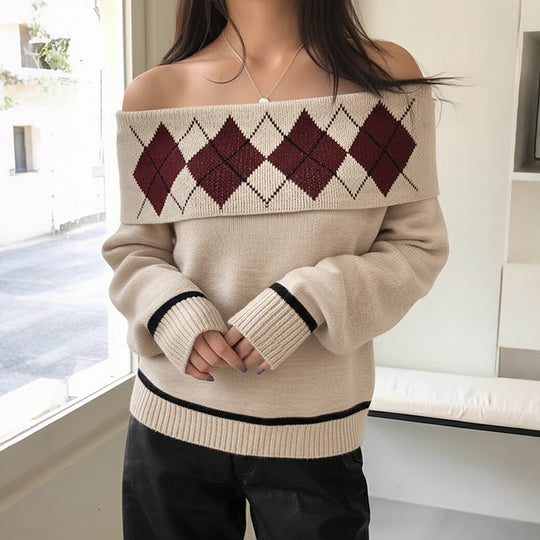 Damen Schulterfreier Strickpullover mit Rautenmuster und umgeschlagenem Kragen Shop Nory