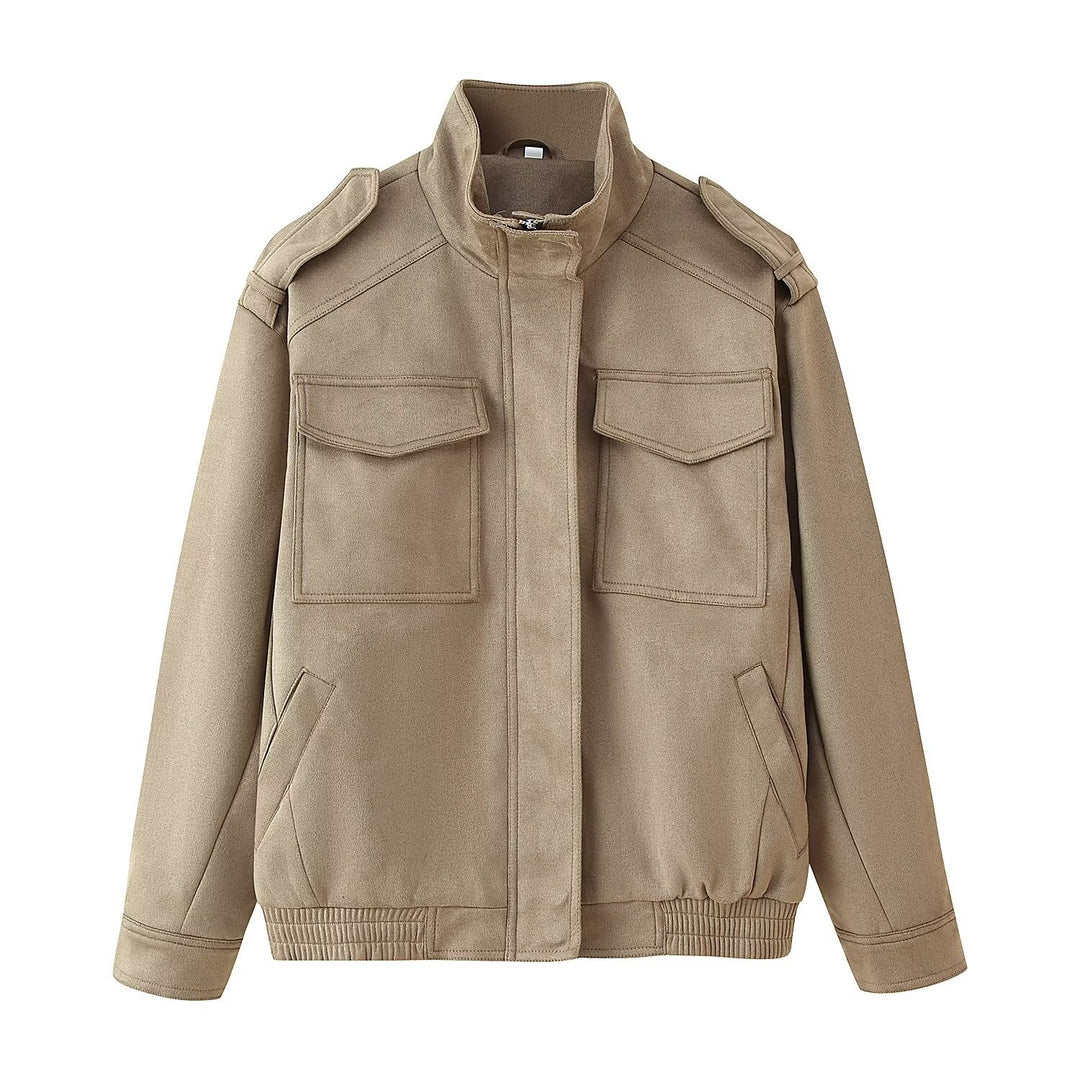 Damen Utility-Bomberjacke mit Schulterklappen, Stehkragen und aufgesetzten Pattentaschen Shop Nory