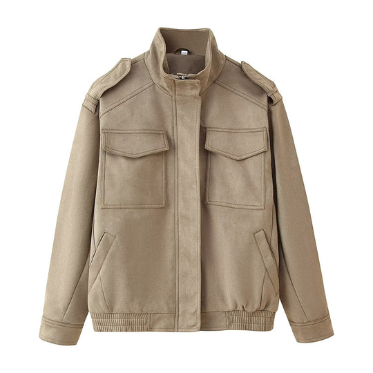 Damen Utility-Bomberjacke mit Schulterklappen, Stehkragen und aufgesetzten Pattentaschen Shop Nory