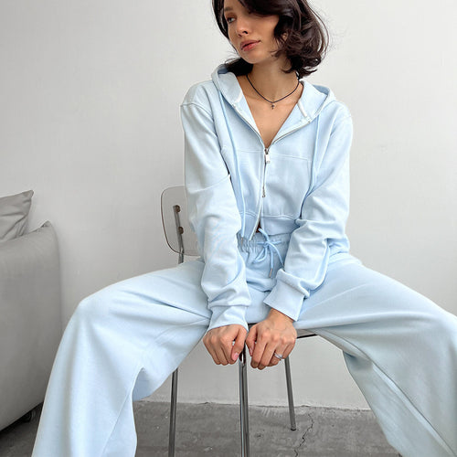 Damen kurzes Zip-Kapuzenjacken- und High-Waist Wide-Leg Jogginghose Set aus weichem French Terry Shop Nory