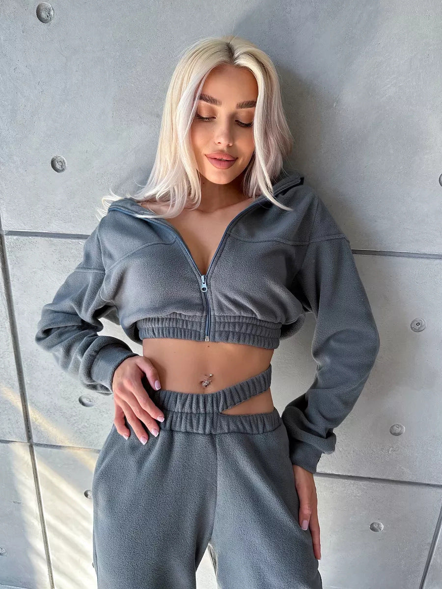 Damen Cropped Fleece-Set mit kurzem Zip-Hoodie und hoher Taillen-Jogginghose Shop Nory