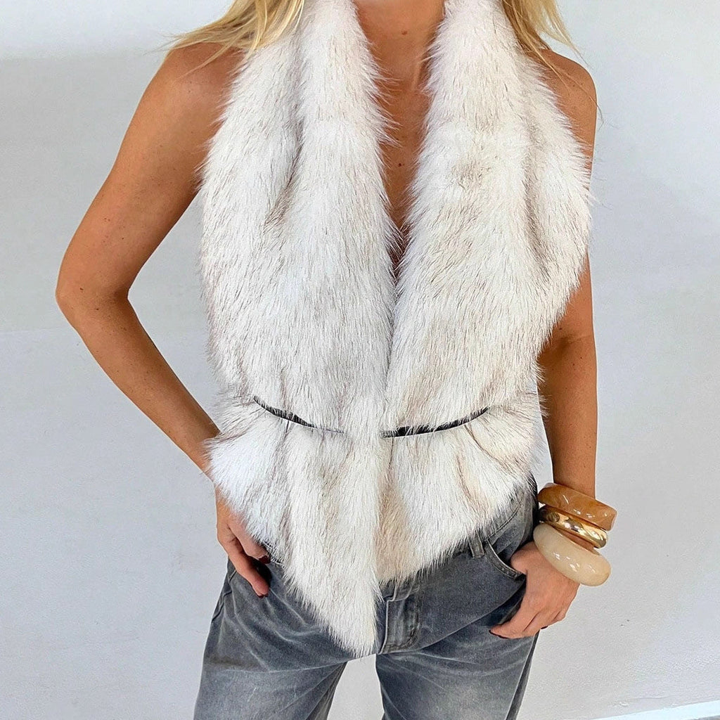 Damen Kurze Weste aus Kunstfell mit Taillengürtel Shopnory