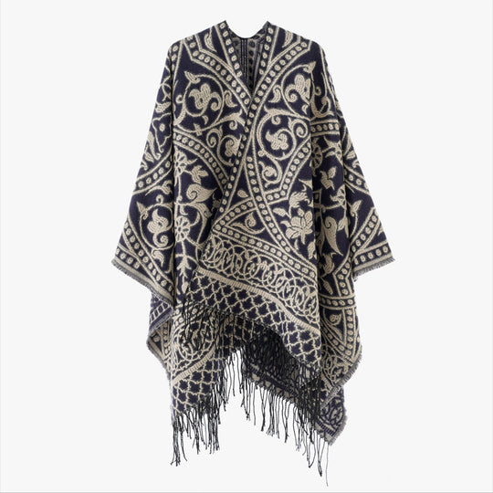 Damen Jacquard-Überwurf mit orientalischem Ornamentmuster und Fransensaum Shop Nory