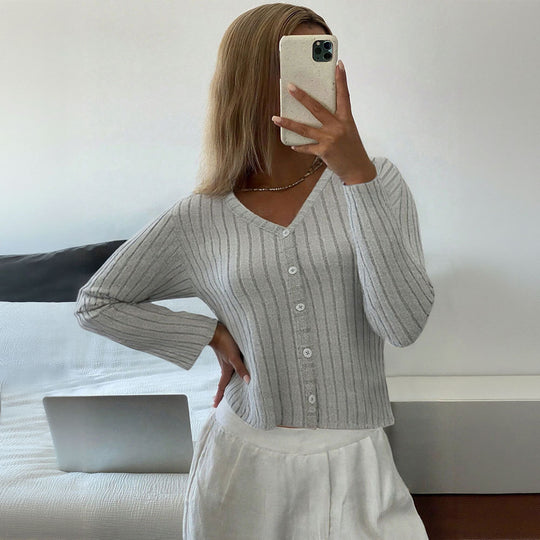 Damen gerippter taillierter V‑Ausschnitt Knopfcardigan Feinstrick Shop Nory