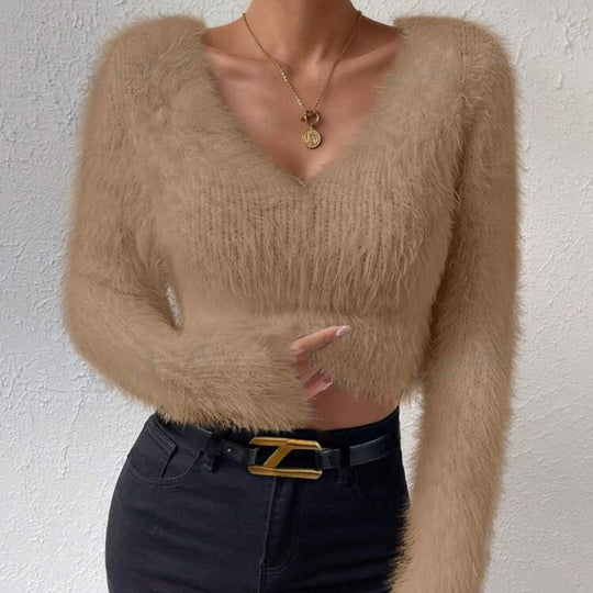 Damen Flauschiger Crop-Pullover mit V-Ausschnitt und Eyelash-Struktur Shop Nory
