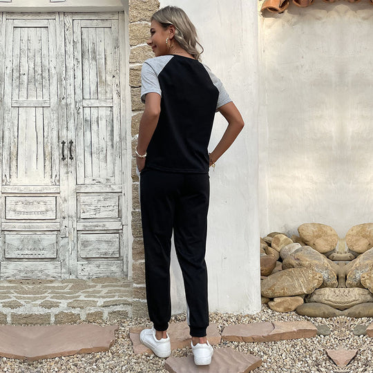 Damen Zweiteiler Freizeit-Set aus Baumwollmix mit Colorblock-Shirt und Jogginghose Shop Nory
