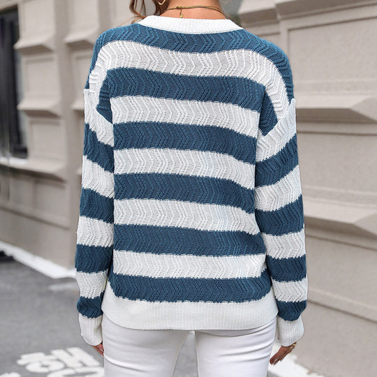 Damen Lässiger Rundhals-Feinstrickpullover mit breiten Streifen und Zickzackstruktur Shop Nory