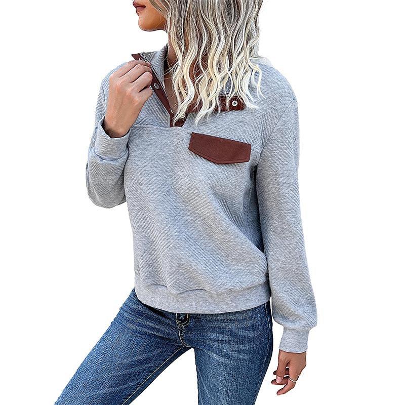 Damen Strukturierter Sweatpullover mit Stehkragen, Druckknopfleiste und Brustklappe Shop Nory