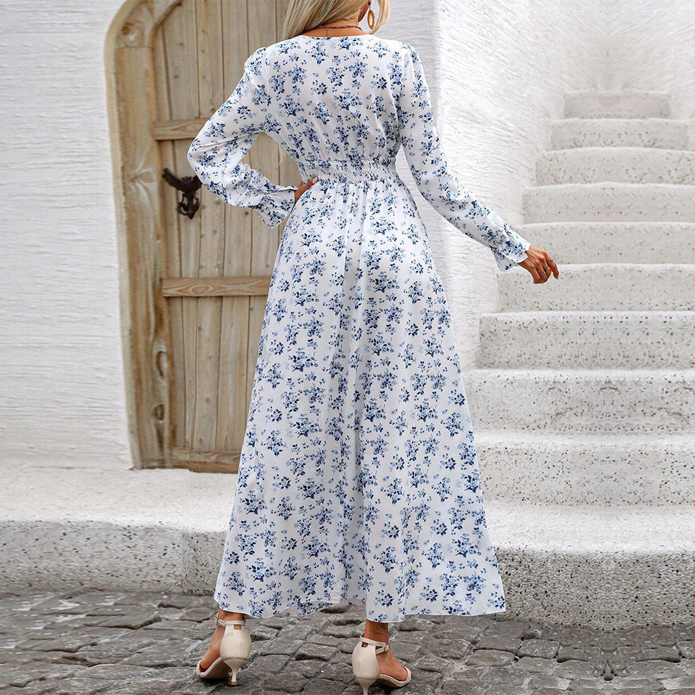 Damen fließendes Maxikleid mit Smoktaillenband V‑Ausschnitt und seitlichem Beinschlitz Shop Nory