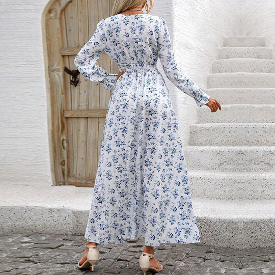 Damen fließendes Maxikleid mit Smoktaillenband V‑Ausschnitt und seitlichem Beinschlitz Shop Nory
