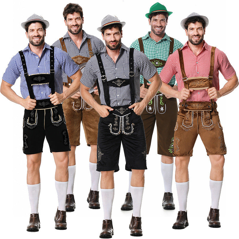 Herren nan traditionelle Trachtenlederhose mit bestickten Hosenträgern, kariertem Trachtenhemd und Filzhut Shop Nory