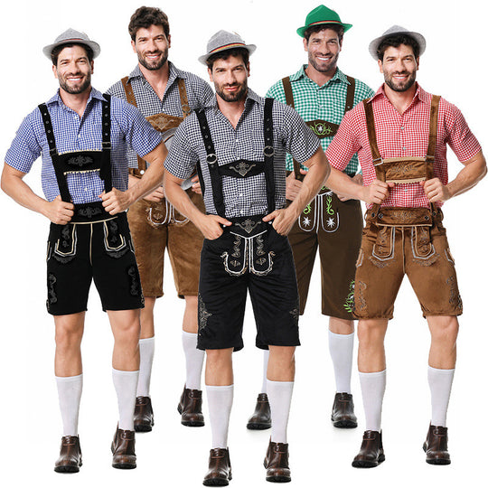 Herren nan traditionelle Trachtenlederhose mit bestickten Hosenträgern, kariertem Trachtenhemd und Filzhut Shop Nory