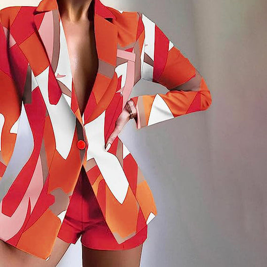 Damen Modischer Blazer mit kurzen Hosen und auffälligem Farbdesign