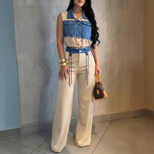 Damen Zweiteiliges Set mit Ärmellosem Jeans-Croptop und hochtaillierter Weitbein-Hose Shop Nory
