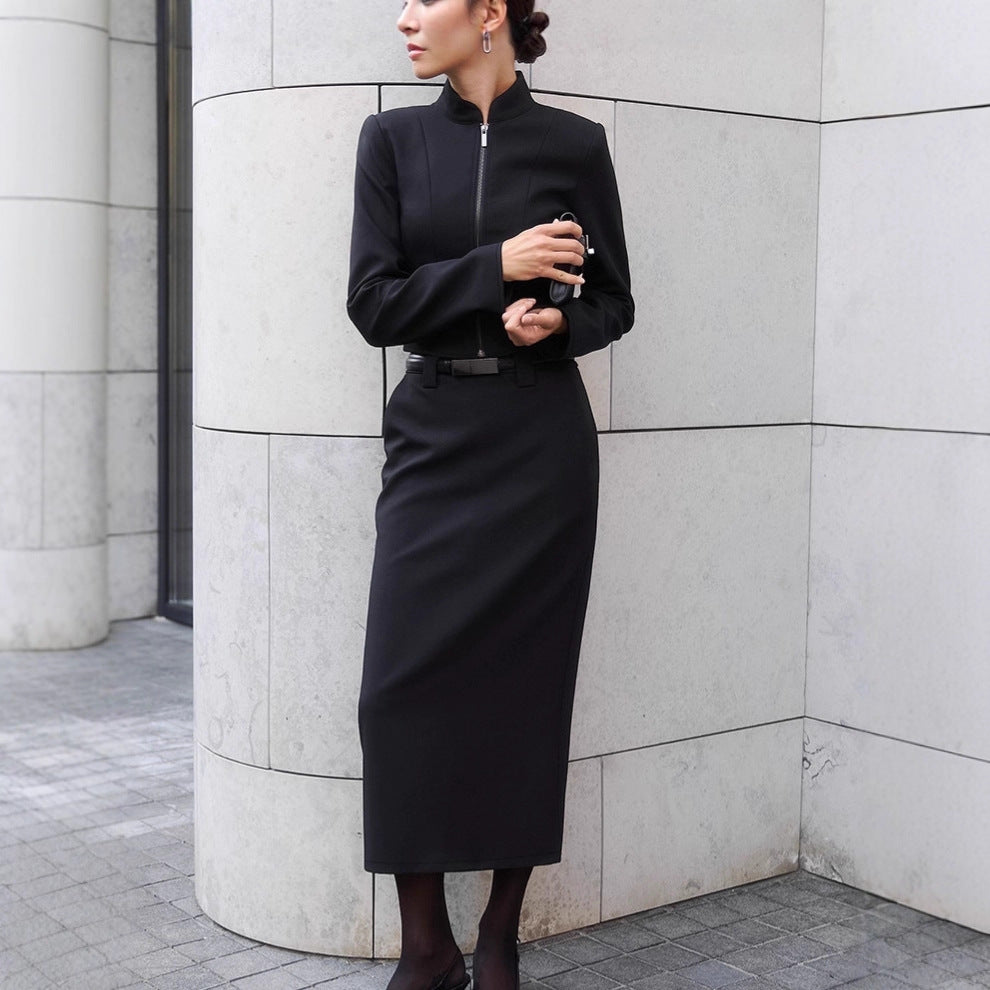 Damen Elegantes Etuikleid mit schmalem Stehkragen und Reißverschluss Shopnory