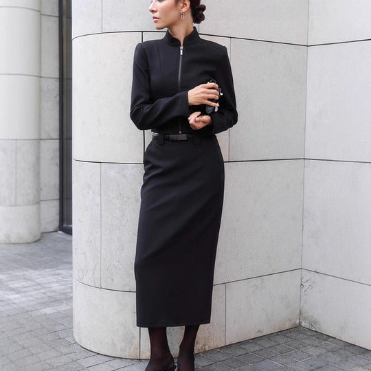 Damen Elegantes Etuikleid mit schmalem Stehkragen und Reißverschluss Shopnory