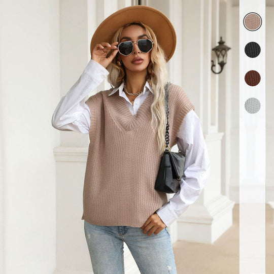 Damen Grobgestrickte Oversize-Weste mit tiefem V‑Ausschnitt und Rippsaum Shop Nory
