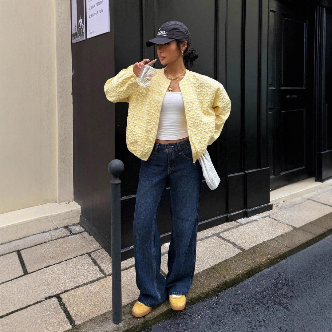 Damen Strukturierte Bomberjacke mit floraler Reliefstickerei und Reißverschluss Shop Nory