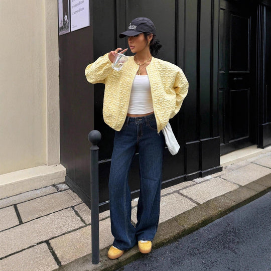 Damen Strukturierte Bomberjacke mit floraler Reliefstickerei und Reißverschluss Shop Nory