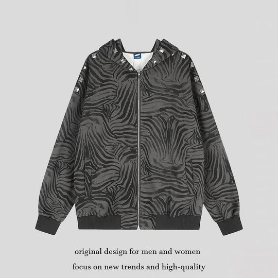 Damen Oversize-Zip-Hoodie mit Zebra-Alloverprint, Nietenbesatz und Rippbündchen Shop Nory