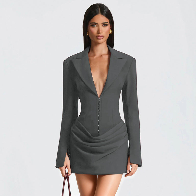 Damen Blazer-Minikleid mit tiefem V-Ausschnitt und eleganter Silhouette Shopnory