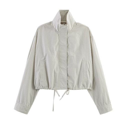 Damen Cropped Windjacke mit Stehkragen, Karo-Muster und Tunnelzug Shop Nory