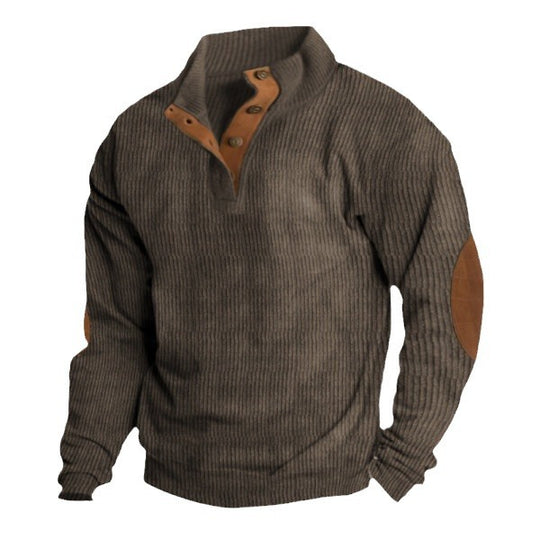 Herren nan robuster Rippstrick-Pullover mit Stehkragen, Knopfleiste und Leder-Ellenbogenpatches Shop Nory