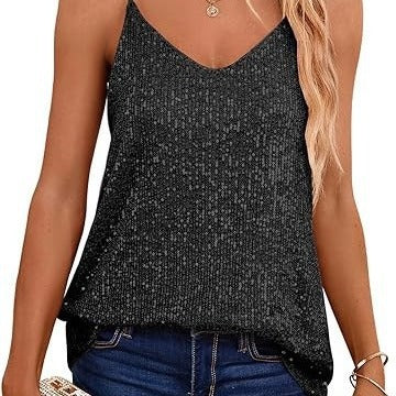 Damen Funkelndes Spaghetti-Trägertop mit V-Ausschnitt und schimmernden Details