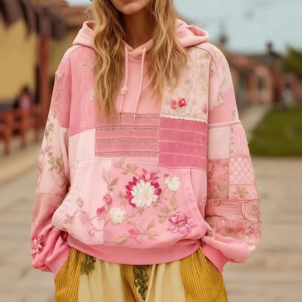 Damen Bestickter Patchwork-Kapuzenpullover mit Blumenapplikation und Kängurutasche Shop Nory