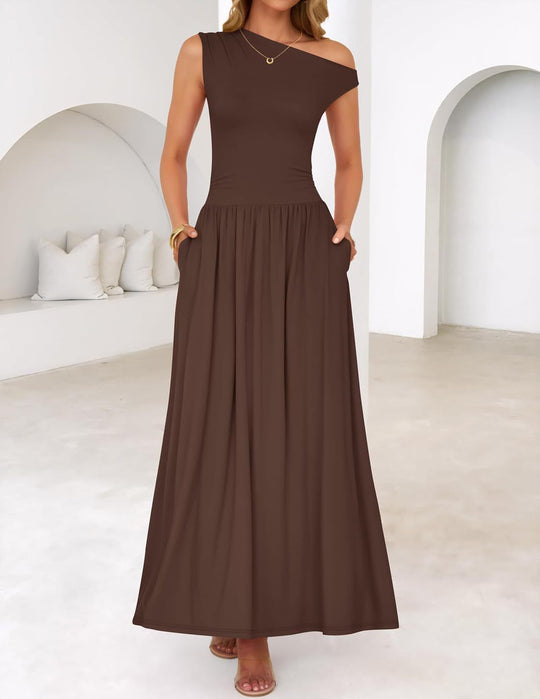 Damen Asymmetrisches Maxikleid mit One-Shoulder, Taillenbetonung und Seitentaschen Shop Nory