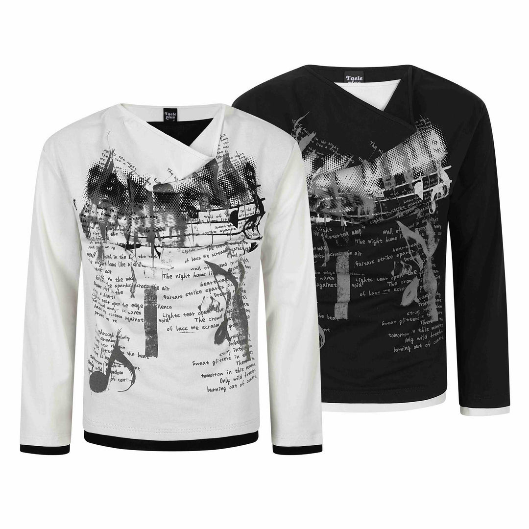 Damen Langarmshirt mit asymmetrischem Schlauchkragen und Grafik‑Music‑Print Shop Nory