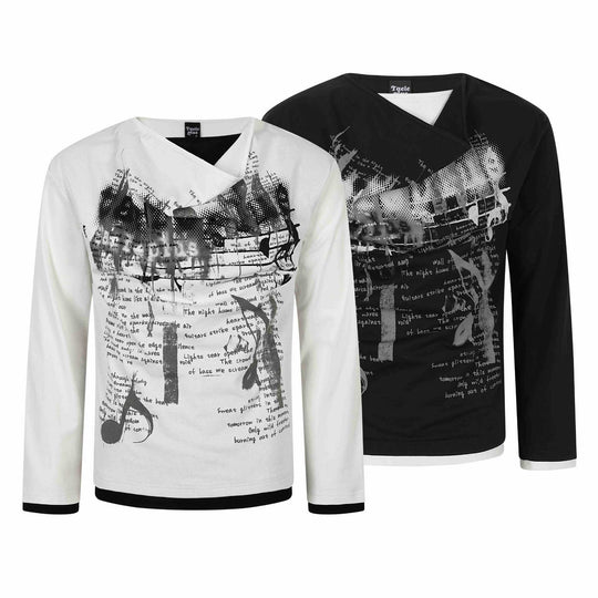 Damen Langarmshirt mit asymmetrischem Schlauchkragen und Grafik‑Music‑Print Shop Nory