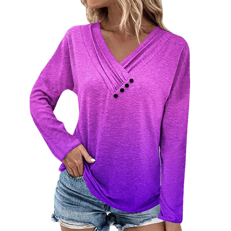 Damen Langärmeliges Ombré-Viskoseshirt mit V-Ausschnitt, Faltenlegung und Zierknöpfen Shop Nory