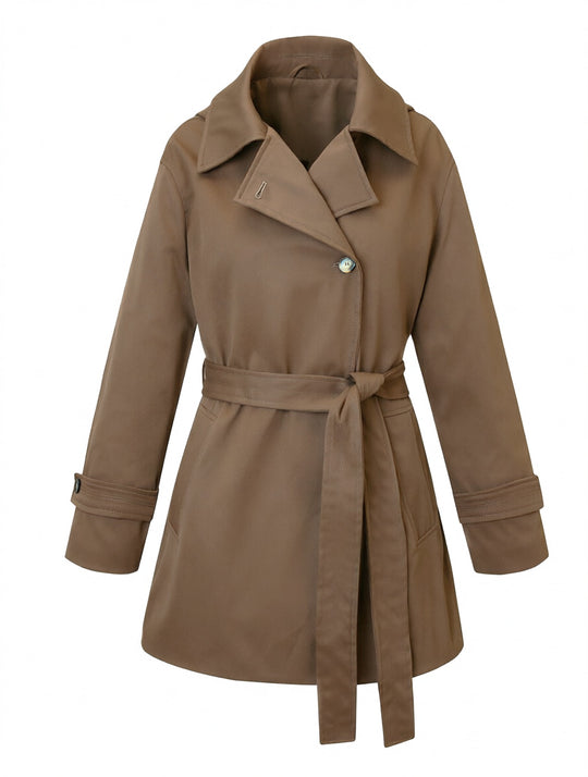 Damen Kurztrenchcoat mit tailliertem Bindegürtel und weitem Revers Shop Nory