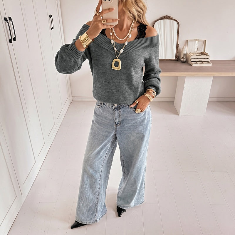 Damen Off-Shoulder V‑Ausschnitt Feinstrickpullover mit Spitzen‑Träger‑Optik und Ballonärmeln Shop Nory