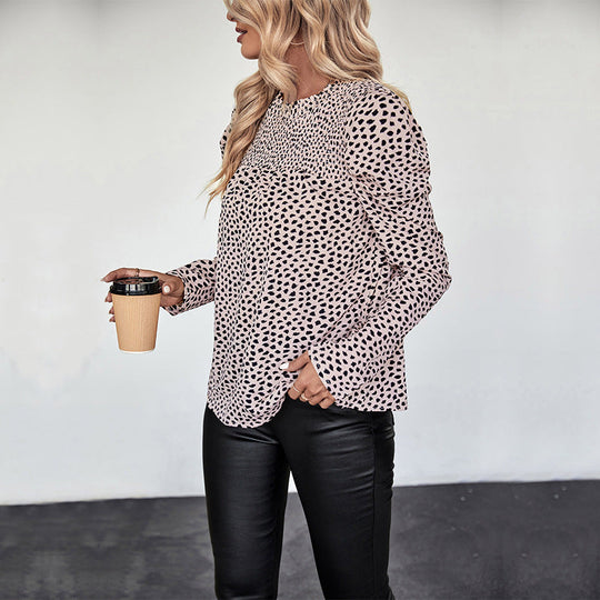 Damen Gepunktete Bluse mit Smok‑Passe, Puffärmeln und lockerem Fall Shop Nory