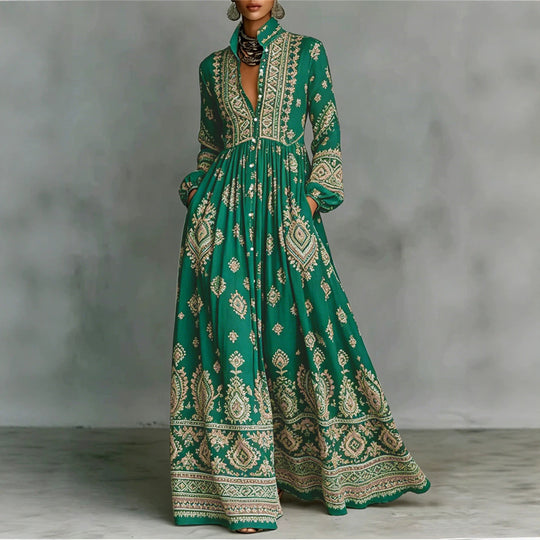 Damen Boho-Maxi-Hemdkleid mit Stickbordüren, hoher Stehkragen und Taschen Shop Nory