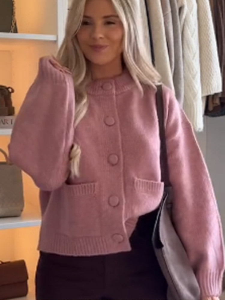Damen Grobgestrickte Cropped-Strickjacke mit runden Druckknöpfen und oversized Ärmeln Shop Nory