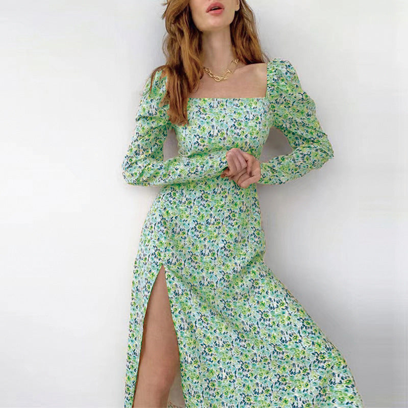 Damen Midikleid mit quadratischem Ausschnitt, tailliertem Bustier-Oberteil, Puffschulter und hohem Beinschlitz Shop Nory