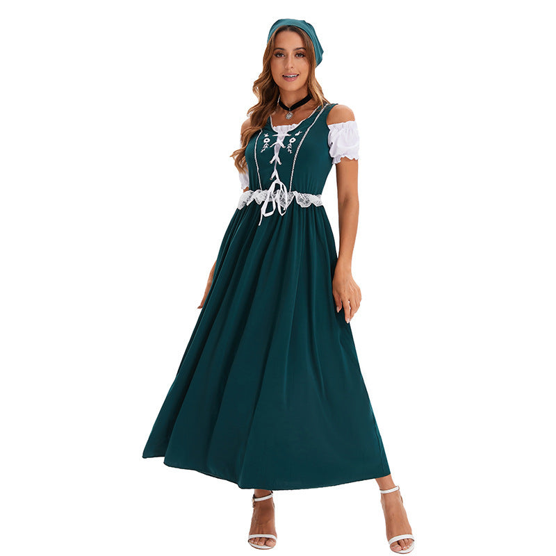 Damen nan langes Trachtenkleid im Dirndlstil mit Corsage-Schnürung und Spitzenbund Shop Nory