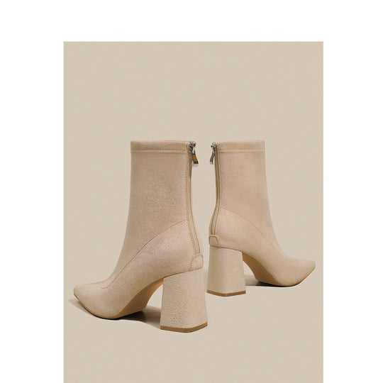Damen Spitze Sock‑Ankle‑Boots mit skulpturellem Blockabsatz und Stretch‑Veloursoptik Shop Nory