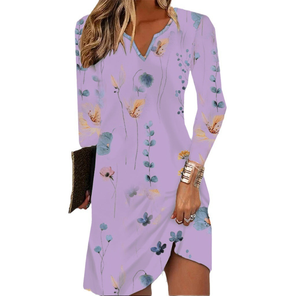 Damen Florales V-Ausschnitt Midikleid mit asymmetrischem Saum und Langarm Shop Nory