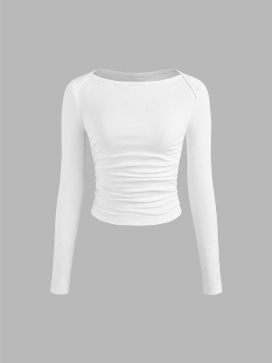 Damen Figurbetontes Langarm-Shirt mit U-Boot‑Ausschnitt und seitlicher Raffung Shop Nory